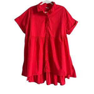 CATO Shirt Dress Women’s 18-20W Red Cotton Button Front Hi-Low Hem‎ Short Sleeve